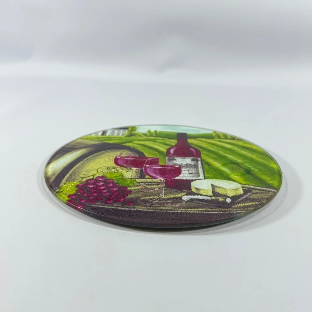 VTG Greenbriar Glass Cutting Board Vineyard Wine Cheese Round Green Kitchen 8in